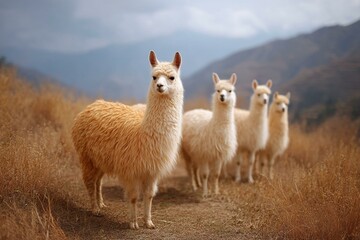 Fototapeta premium Group of Fluffy Alpacas in a Field