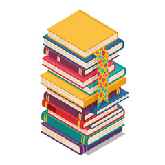 A vibrant stack of colorful books, with a decorative bookmark peeking out from one of the volumes.
