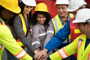 Asia woman with Engineer team Hand touching together	