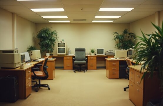 Empty office interior from 1990s. Retro workspace with beige walls, wooden desks, vintage computers, CRT monitors. Room with office furniture, plants. Concept of old tech, business, office work.