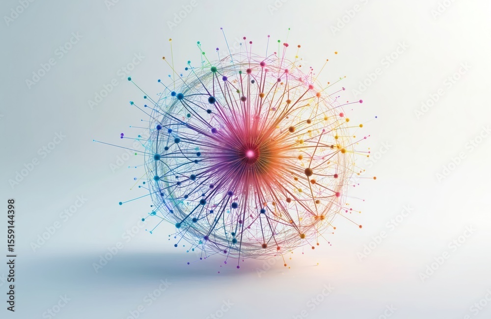Aufkleber Colorful interconnected network sphere data communication. Bright digital abstract structure of lines and nodes representing global connections. Modern tech art. Ideal for IT, AI, and science design.