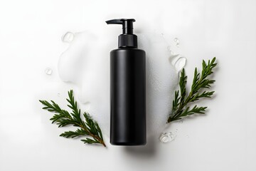 Fototapeta premium Black pump bottle with green sprigs and foam black bottle pump dispenser