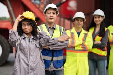 Group of engineer or workers at container site	