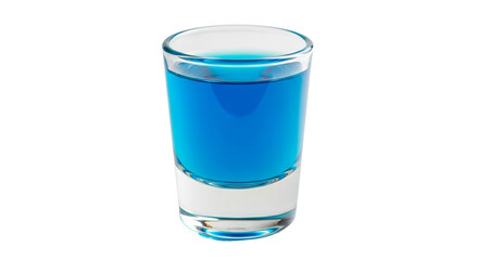 A shot glass filled with a vibrant blue alcoholic beverage.