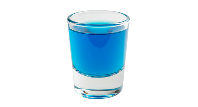 A shot glass filled with a vibrant blue alcoholic beverage.