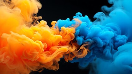 Orange and blue ink swirls mix in a vibrant abstract painting