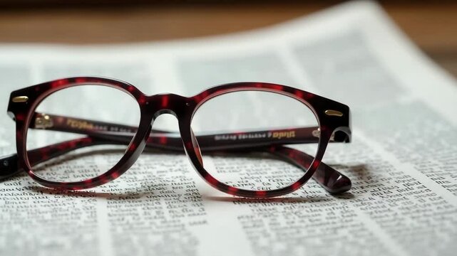 A pair of stylish tortoiseshell glasses resting on an open newspaper. The glasses have a classic design with round frames and are placed centrally on the page.