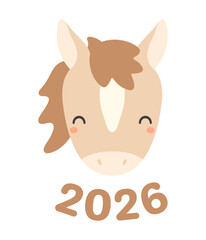 2026 Chinese zodiac sign, cute cartoon horse face isolated. Flat vector illustration. Kawaii animal character. Lunar New Year, Seollal, Tet holiday card, banner, poster, decor, design element