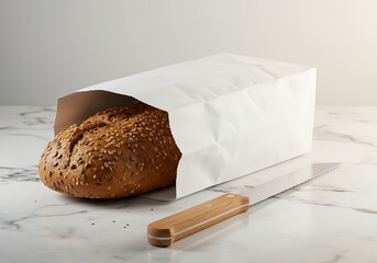 Freshly baked bread loaf in a paper bag with knife on a marble surface