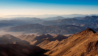 Naklejka premium endless desert mountain ridges seen from above in soft morning haze