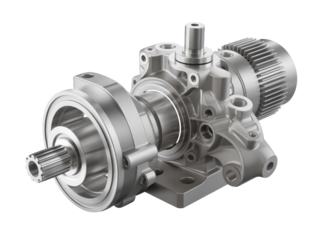 Exploded View of CNC-Milled Titanium Hydraulic Component on Transparent Background
