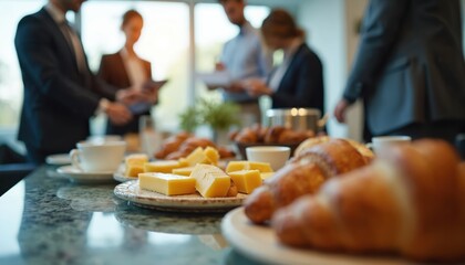 Breakfast buffet with cheese croissants and coffee at a business meeting. Business people are gathering at the office, eating and drinking. Event catering. Office lifestyle.