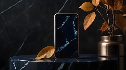 Sleek dark phone with marble case and autumn leaves smartphone mobile phone