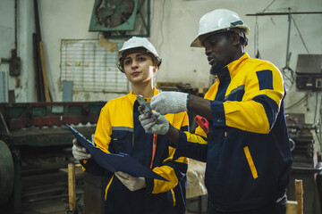 Industrial engineer technician worker man woman with helmet  uniform safety vest look shake hands...