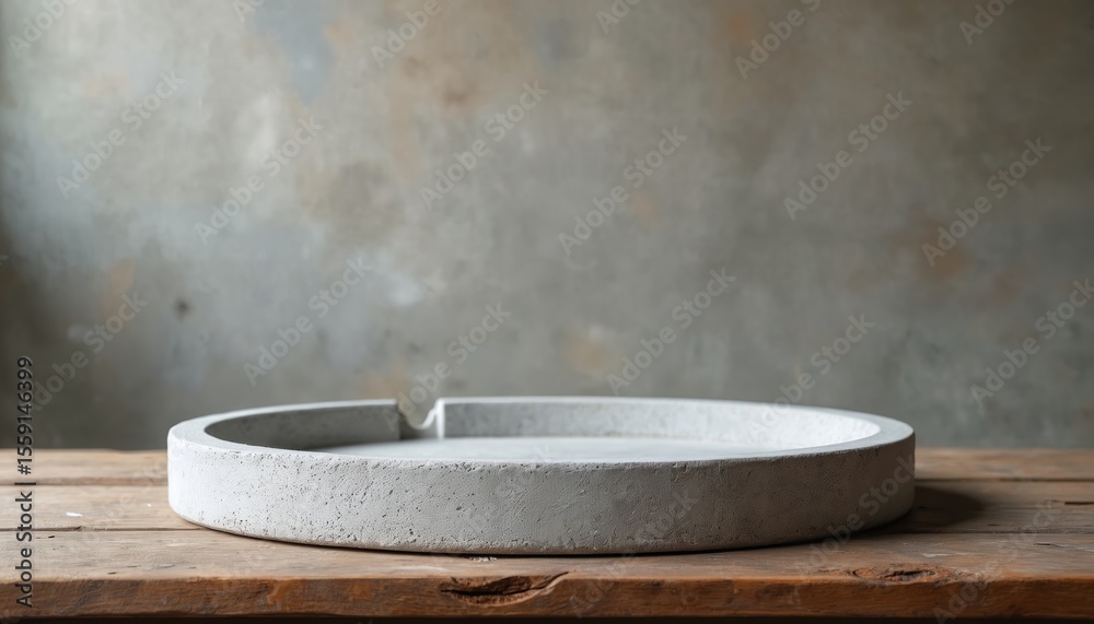 Poster concrete tray on rustic wood table, textured grey wall backdrop. product display presentation, empty