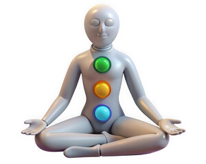 Grey figure in lotus position with glowing chakras isolated on transparent background