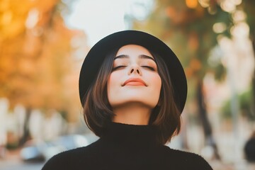 Young woman in black hat enjoys fresh air outdoors with eyes closed