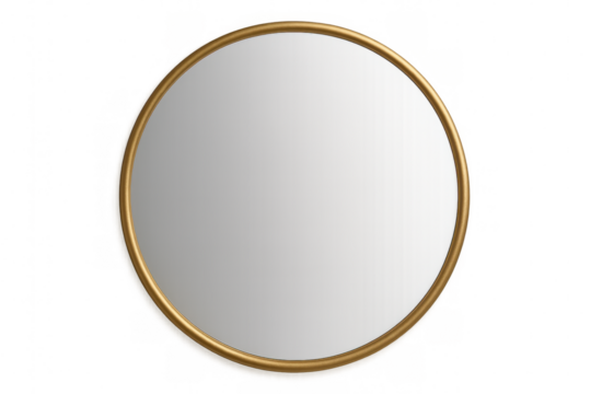 Realistic round mirror with golden frame isolated on transparent background, perfect for interior design visualizations