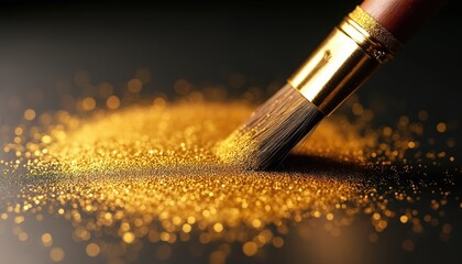 Close-up shot gold paint brush in action, creating texture, effect on black background. Artistic photo demonstrates process painting, adding glamour, decoration. Sparkles, glamourous dots, powder