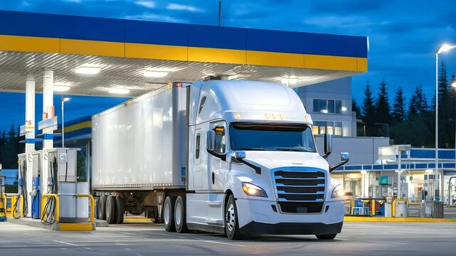Truck driver fueling big rig at logistics depot during blue hour, neon reflections and urban lights create cinematic transport vibe.