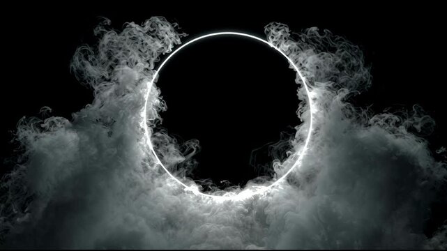 Sublime vapor cloud gradually parts to unveil a perfect circular shape against a dark background. The slow motion enhances the ethereal quality, evoking a sense of wonder and mystery
