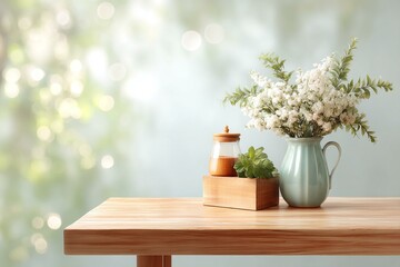 Spring Floral Arrangement on Wooden Tabletop