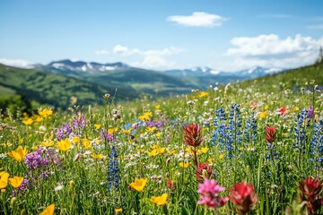 Fototapeta premium Colorful Wildflower Meadow with Mountain Landscape and Blue Sky