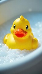 A bright yellow rubber ducky sits in a bathtub filled with bubbles, ready for bath time fun The classic toy is gleaming and shows excellent detail , glossy, yellow, object