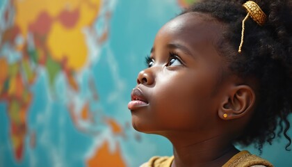 Young black girl looks up with a focused expression. Profile, detailed side view with soft skin, big eyes. Hair detail with gold earring, thoughtful pose, studying world map background.
