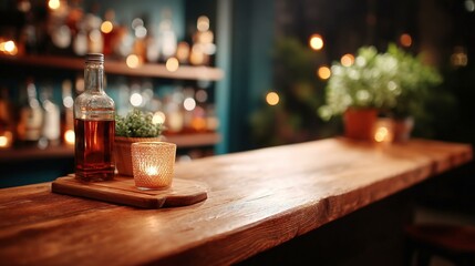 Fototapeta premium Wooden Bar Counter with Alcoholic Drinks and Candles