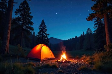 A crackling campfire under a starlit summer sky, illuminating a tent pitched amongst towering trees The perfect scene for a peaceful night in the wilderness , woods, travel, dark sky