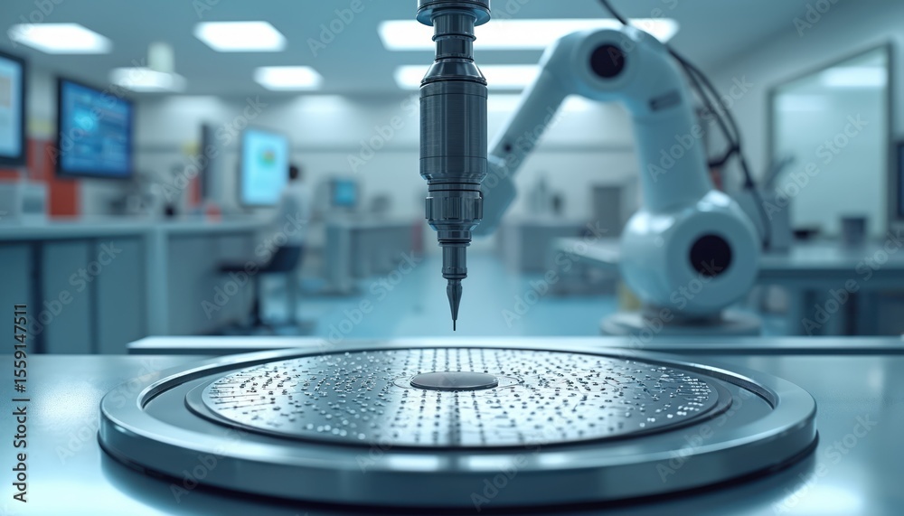 Aufkleber modern chip manufacturing process clean room. robotic arm places microchip on circuit board. automat