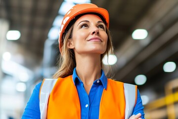 Female industrial worker in hard hat and safety vest looking upward hopefully