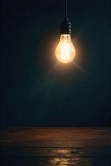 A single bright light bulb illuminates a dark room, radiating a powerful beam of light, symbolizing inspiration and a brilliant idea , flash, wisdom