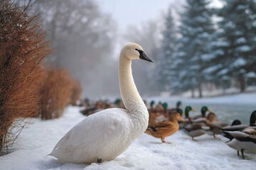 Obraz premium Majestic Swan in Snowy Park Scenery