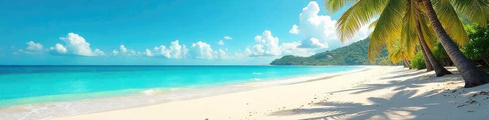 Obraz premium A vibrant beach scene, sun-kissed sand, turquoise water, and palm trees swaying gently in the summer breeze Perfect for travel, vacation, or summer themed projects , ocean, palm trees, heat