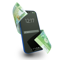 2000 Algerian dinar notes moving flying wrapped around mobile smart phone isolated on a transparent background. Online Mobile money wallet concept 