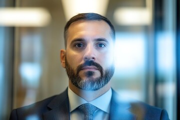 Confident Spanish Businessman Gaze Through Glass in Office Environment