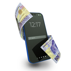 Angolan kwanza notes moving flying wrapped around mobile smart phone isolated on a transparent background. Online Mobile money wallet concept 