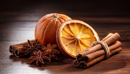 christmas composition dried orange anise cinnamon cloves on wooden background