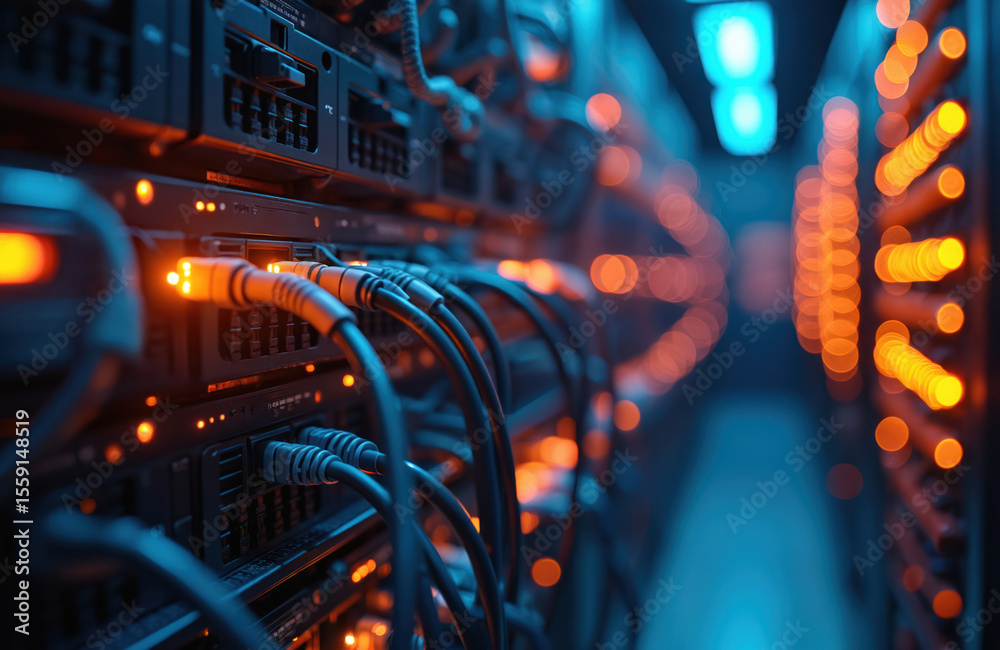 Aufkleber data center rack servers with many network cables lights. tech industry digital information. modern 