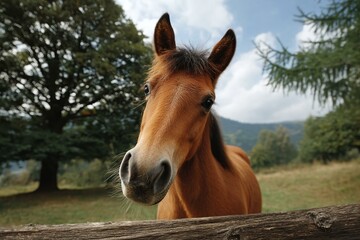 Obraz premium A Close-up of a Brown Horse in a Field