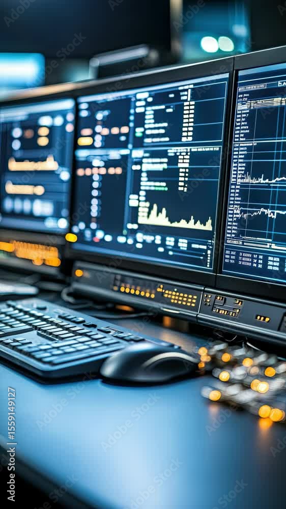 Poster multiple screens display intricate data analytics, showcasing real-time monitoring and decision-maki