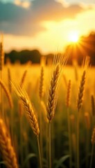 Golden hour sunlight bathes a lush summer field of ripening wheat, swaying gently in the warm breeze A vibrant scene of agricultural abundance , sky, plant