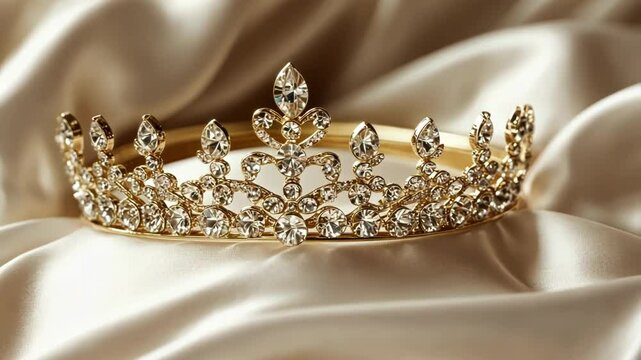 An elegant gold tiara adorned with sparkling diamonds on satin.
