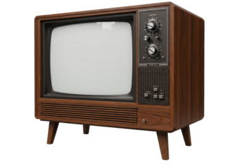 A classic vintage television set with a dark mahogany wooden frame, blank white screen, slatted speaker grill, and chrome analog knobs, presented in a 3/4 view against a transparent isolated