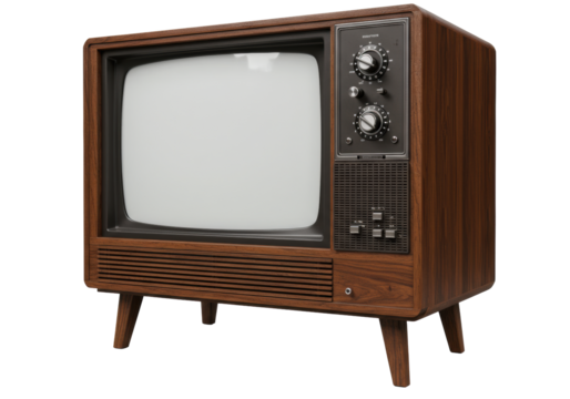 A classic vintage television set with a dark mahogany wooden frame, blank white screen, slatted speaker grill, and chrome analog knobs, presented in a 3/4 view against a transparent isolated