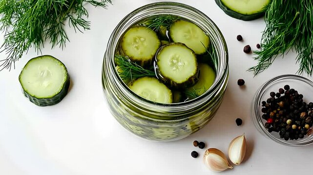 Freshly sliced cucumbers in brine, garnished with garlic and dill sprigs, evoke freshness