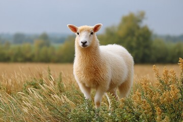 Obraz premium A Adorable Lamb in a Golden Field