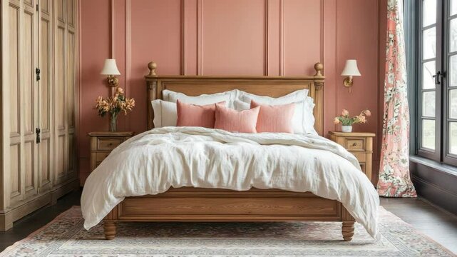 A bedroom with a wooden bed frame, white bedding, and peach colored walls and decorations inside